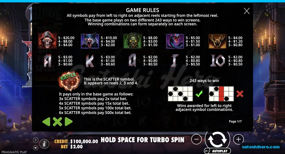 Paytable lists symbols and two-screen ways structure