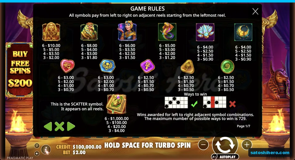 Paytable lists symbols and six-kind values