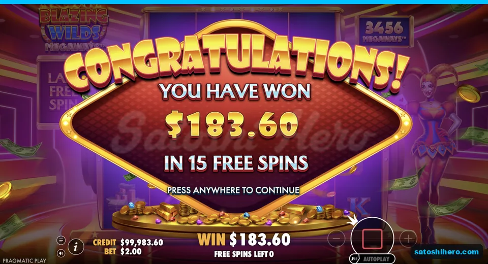 Total win screen shows $183.60 from 15 spins