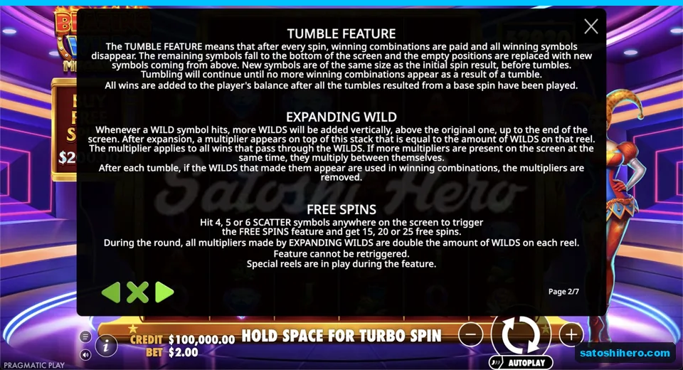 Info panel explains tumbles, wild stacks and doubled values