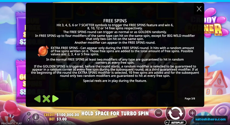 Rules panel shows free spin awards