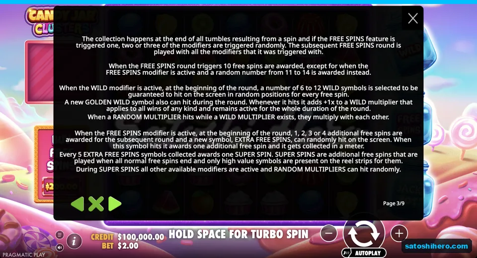 Rules page explains free spin modifiers
