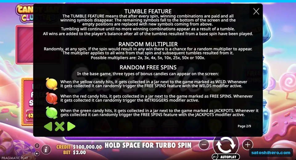 Rules page shows bonus candies and multipliers
