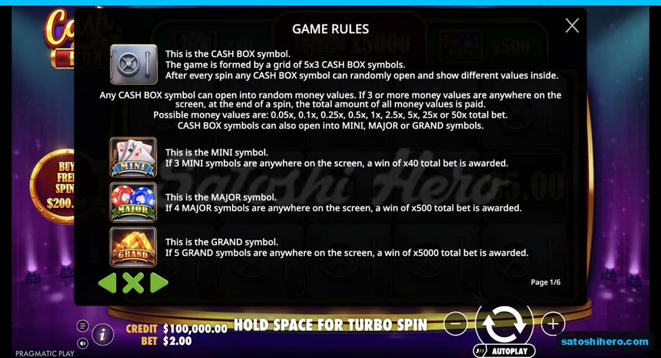 Rules page lists cash values and jackpots