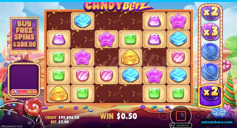 Line win resolves with blue candies and x2