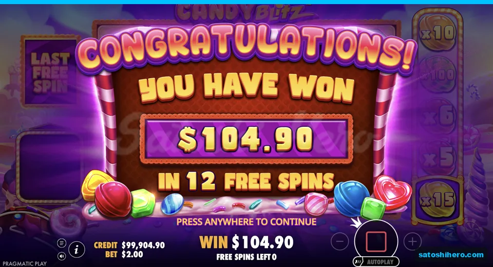 Collect screen shows $104.90 across 12 spins