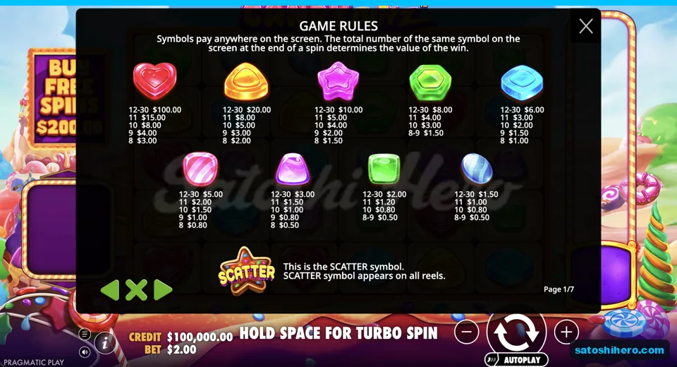 Rules page lists symbol payouts and scatter