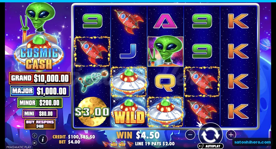 Line win resolves with wild saucers and moon value