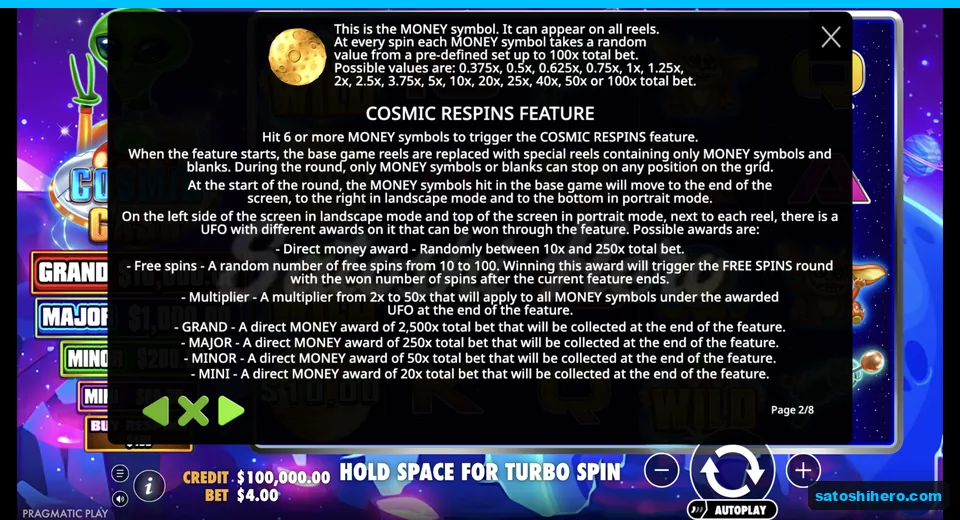 Rules page shows money moon and respin trigger