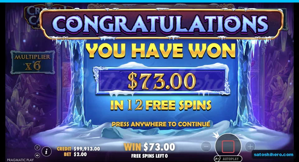 Collect screen shows $73.00 total win