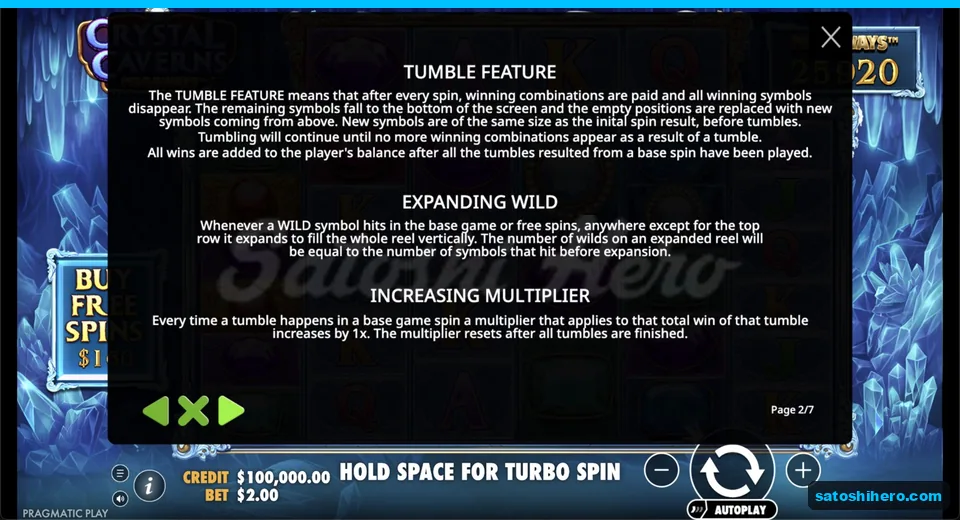 Info page explains tumble and wild reels