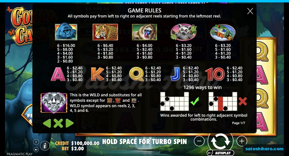 Paytable lists animal and royal symbol values