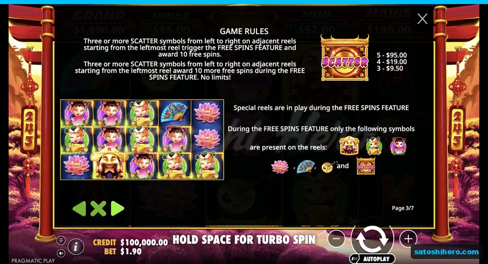 Rules show scatter free spins award