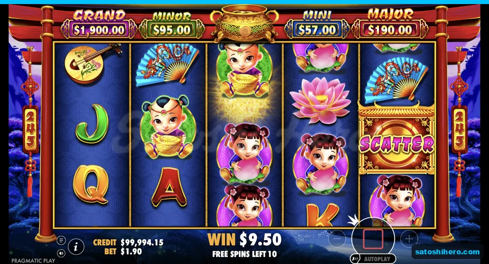 Free spins screen shows $9.50 won