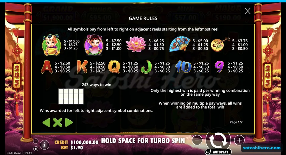 Rules page lists symbol payout values