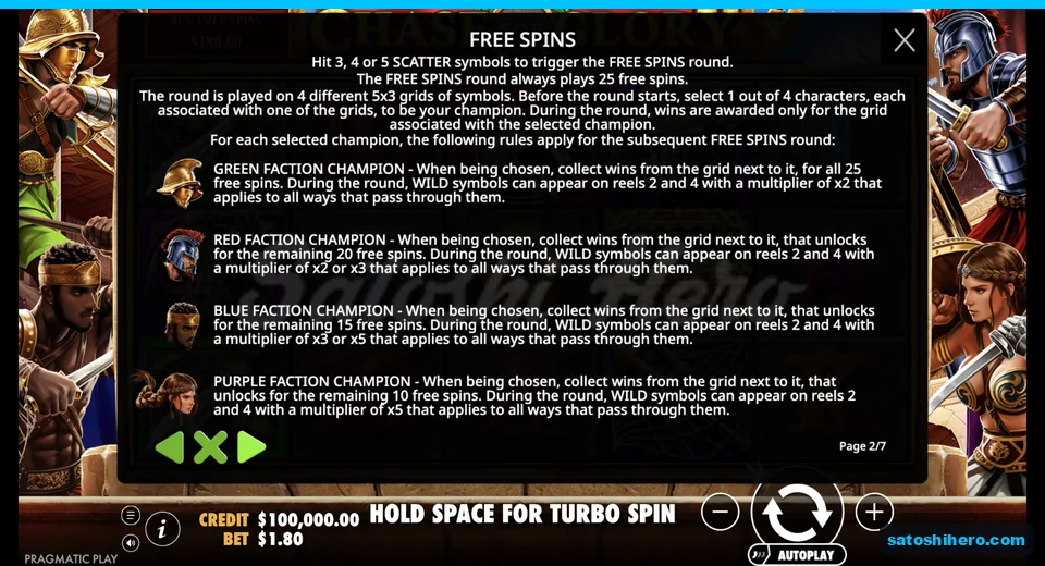 Rules screen explains free spins champion choices