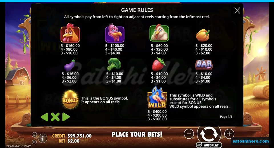 Rules page lists symbol payouts and specials