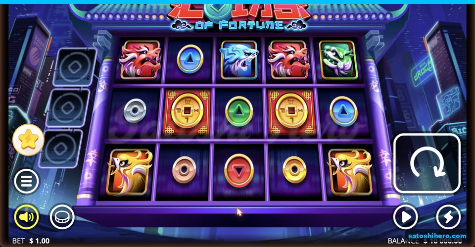 Neon temple grid with dragons and coins