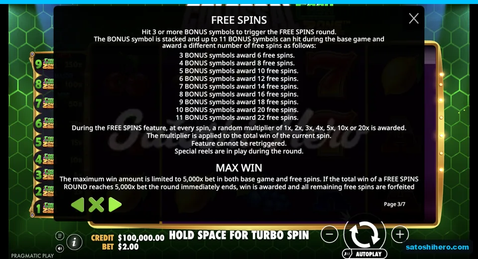 Rules page shows free spins award table