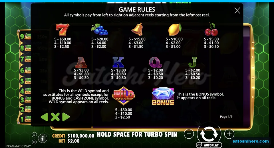 Rules page lists fruit and wild pay values