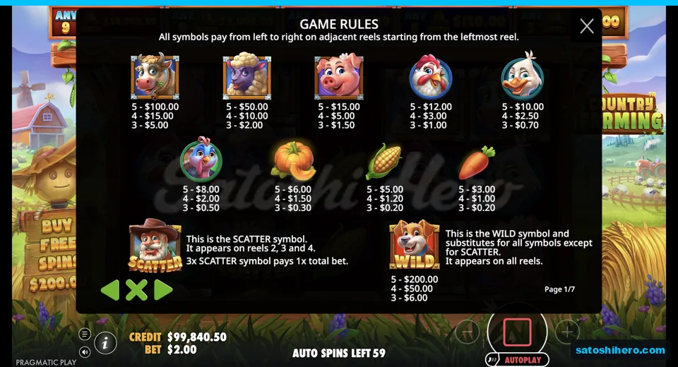 Paytable lists animals vegetables scatter and wild