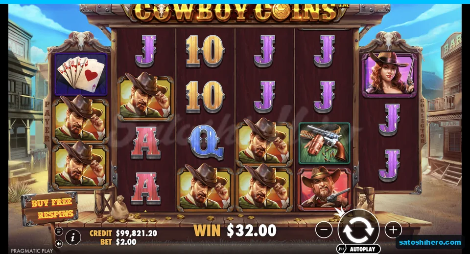 Line win resolves with cowboy symbols across middle reels