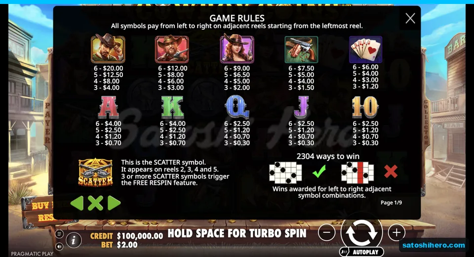 Pay table lists outlaw and western symbol values