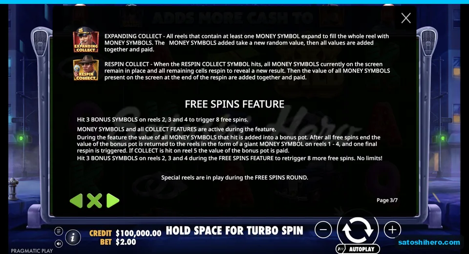 Rules page explains free spins pot finish