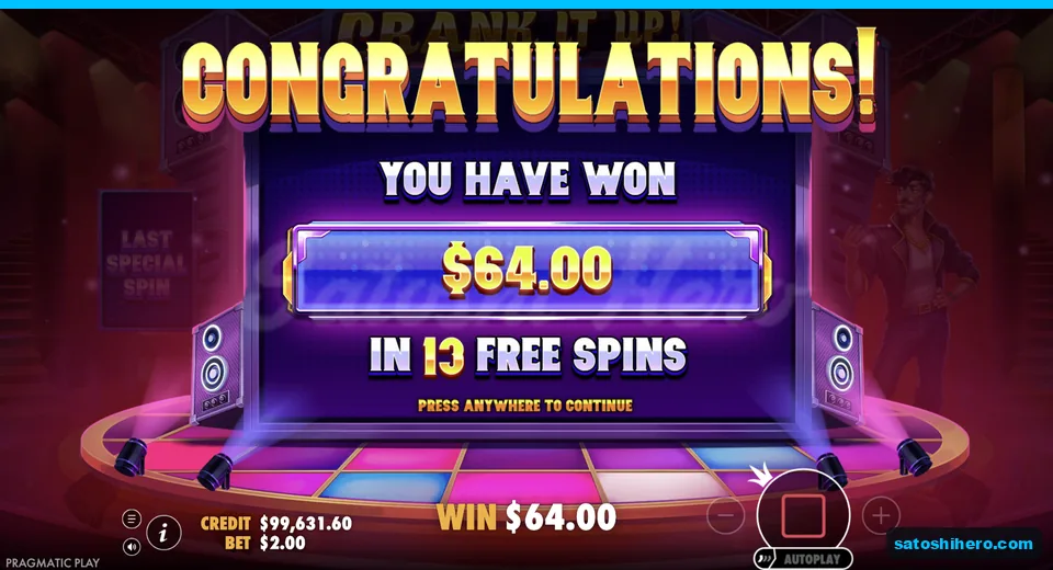 Collect screen shows $64.00 in 13 free spins