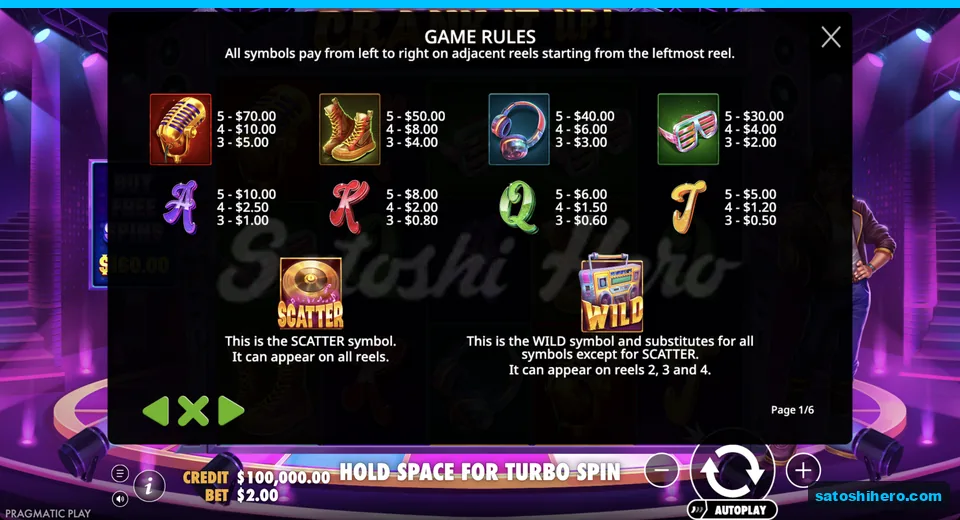 Rules page lists symbol payouts and special icons