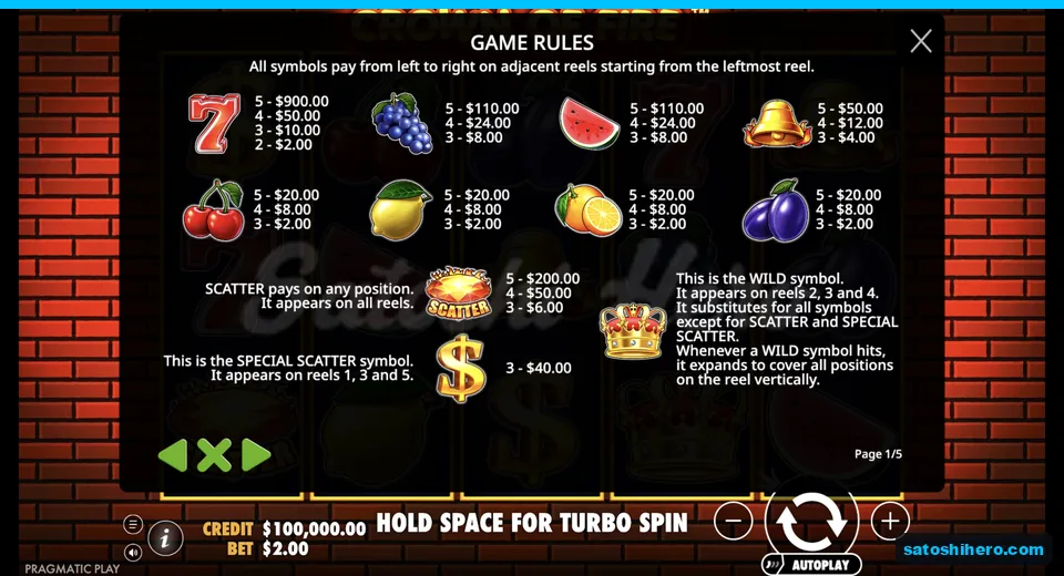 Rules page shows fruit pays and special symbols