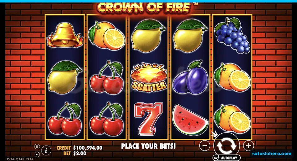 Settled grid shows flaming gem among fruit symbols