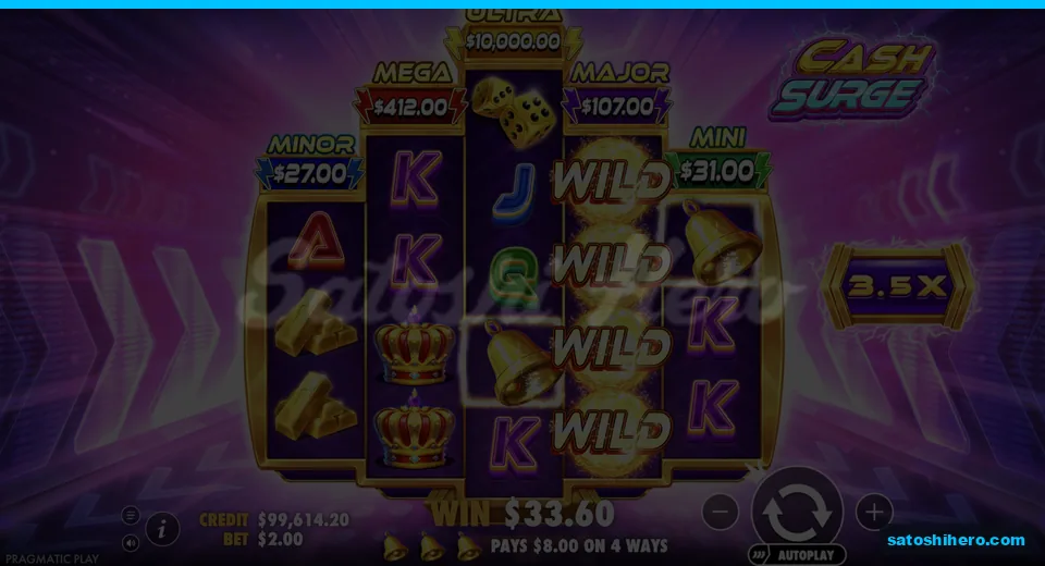 Stacked wilds resolve a $33.60 bell win