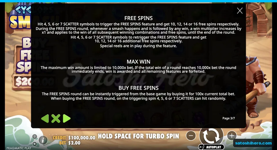 Rules show free spins trigger table