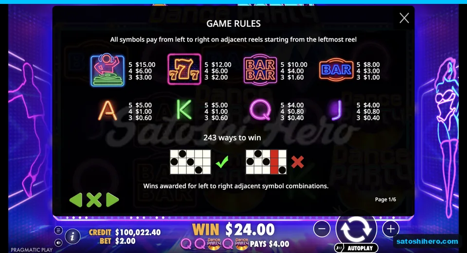 Paytable lists eight symbols and win values