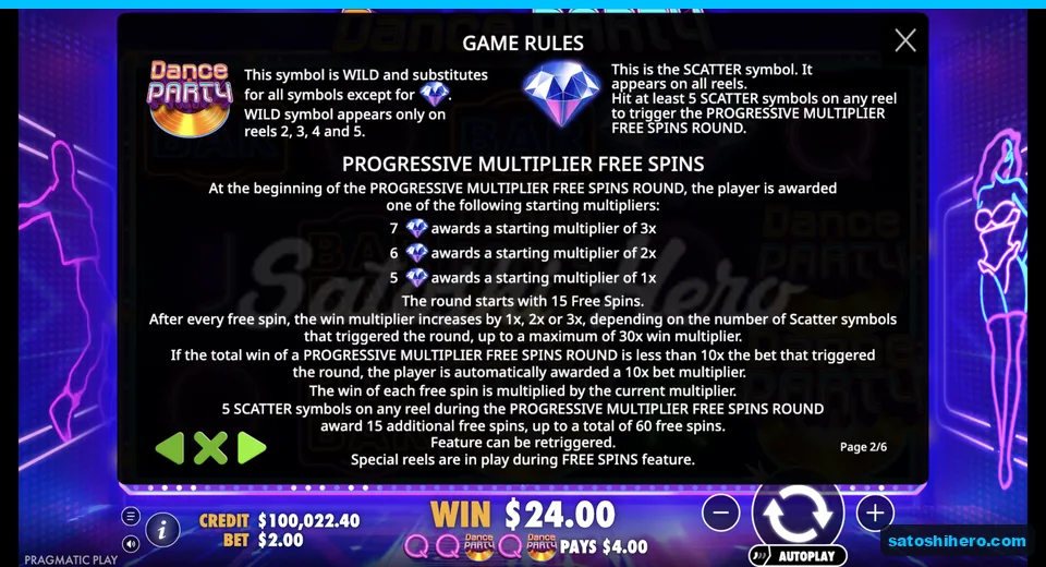 Rules page shows Wild logo and diamond Scatter