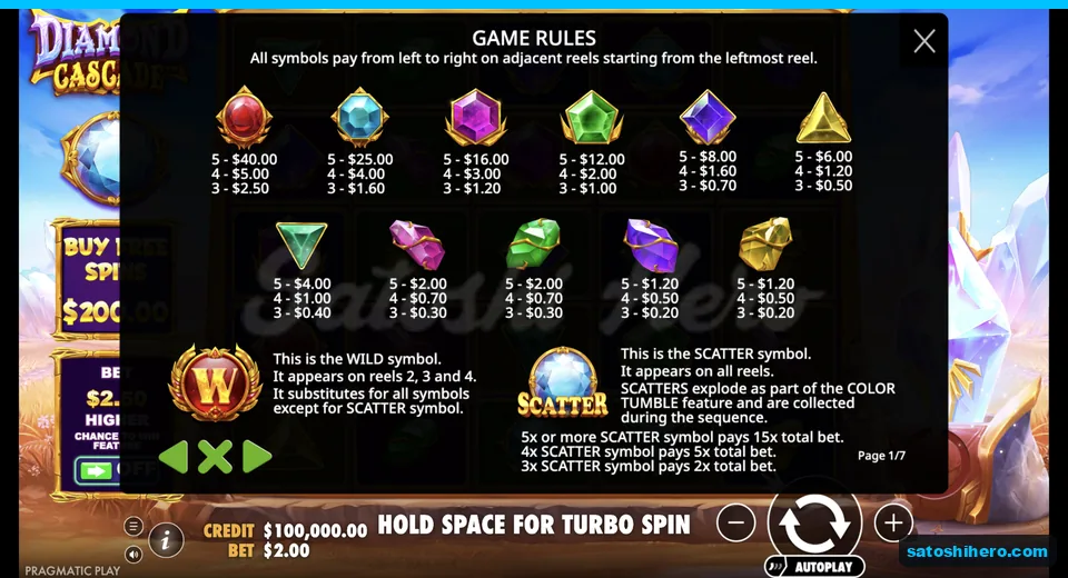 Paytable shows gem values and special symbols