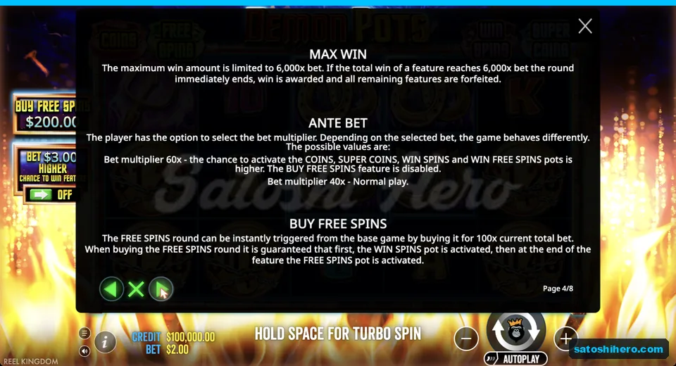 Rules page shows max win and buy costs