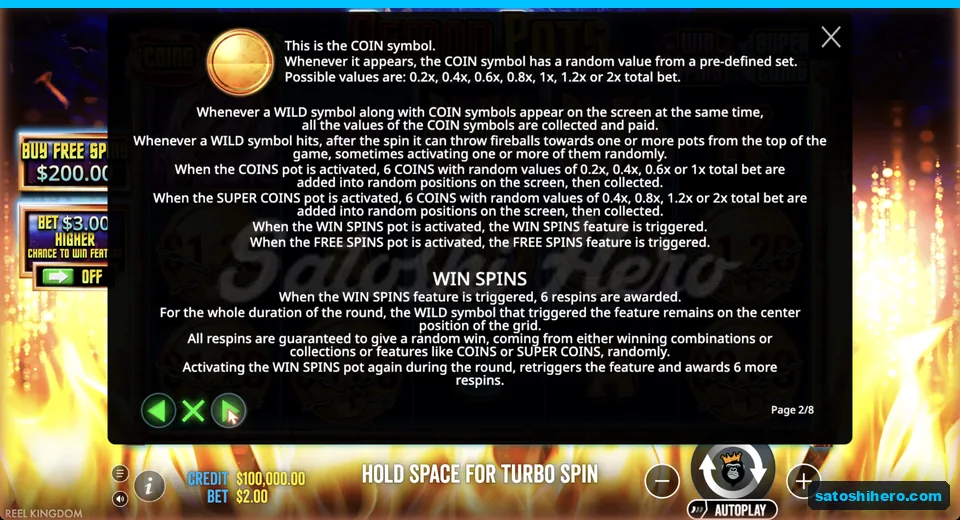 Rules page explains fireballs and Win Spins pot
