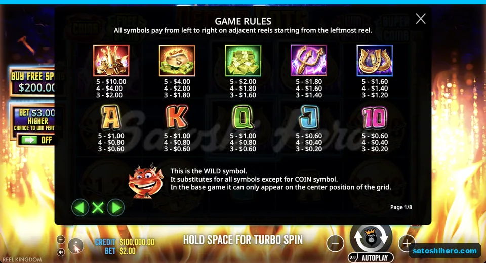 Rules page lists symbol payouts and devil Wild