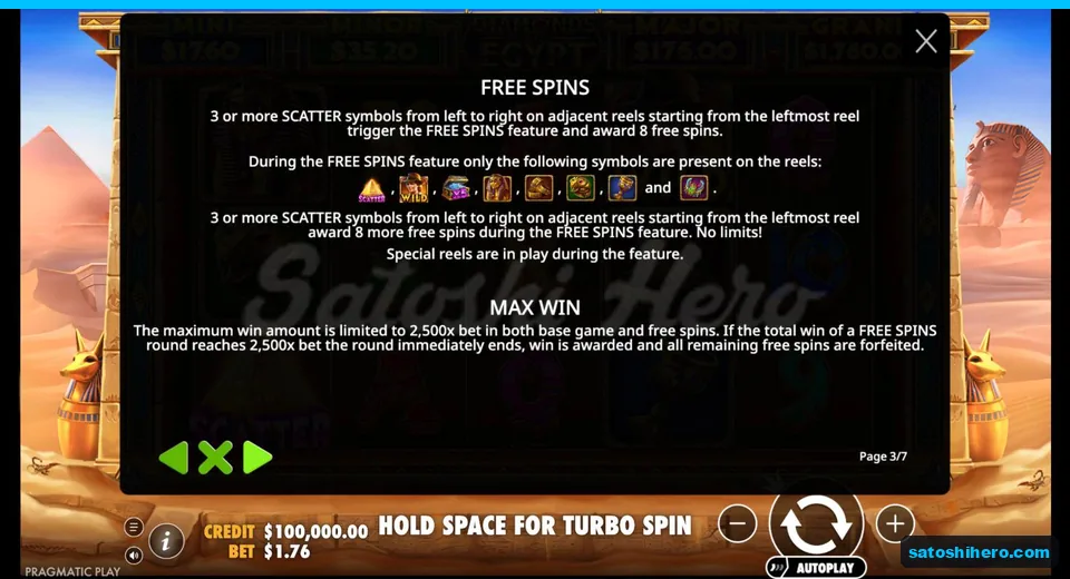 Rules screen shows eight free spins