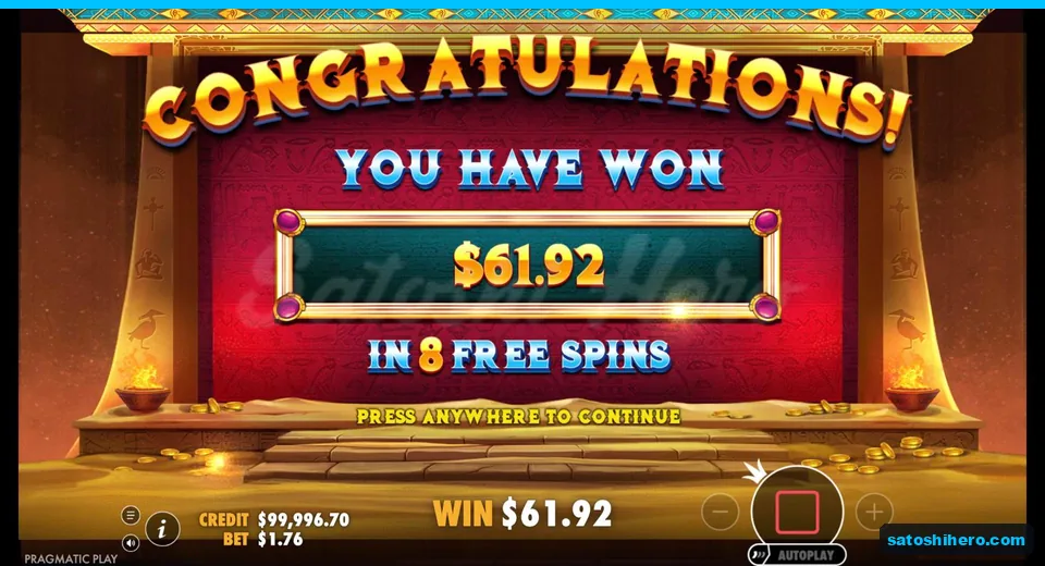 Congratulations screen shows $61.92 won