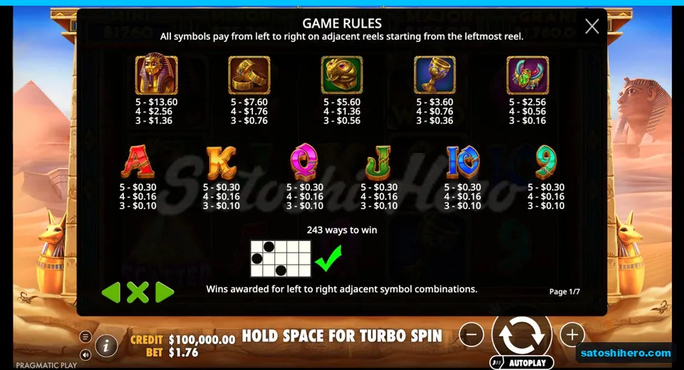 Paytable lists symbols and ways values