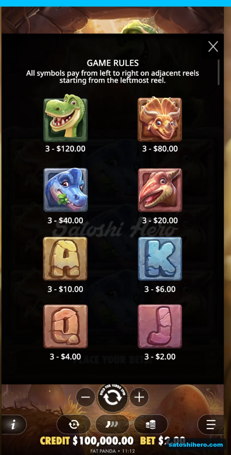 Paytable lists dinosaur and royal symbol prizes