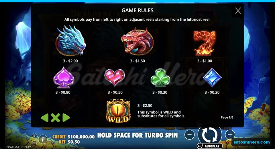 Paytable lists dragon symbols and values