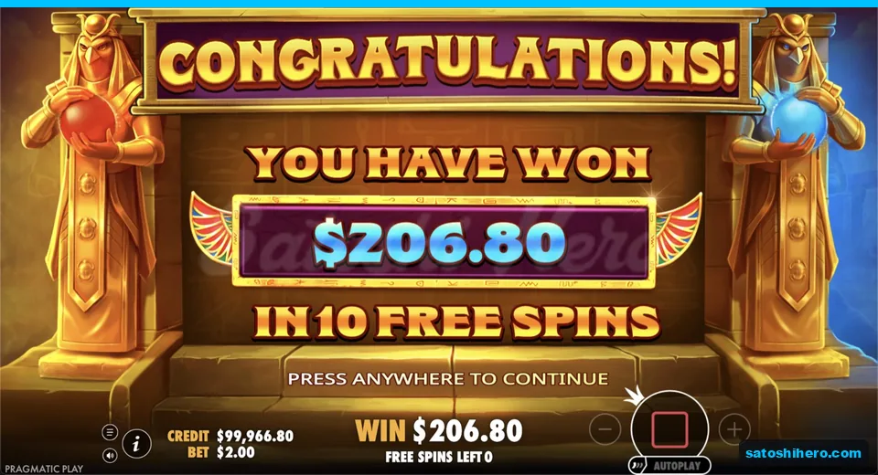 Total win screen shows $206.80 after ten spins