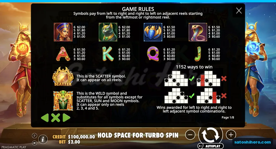 Paytable lists symbol values and wild rules