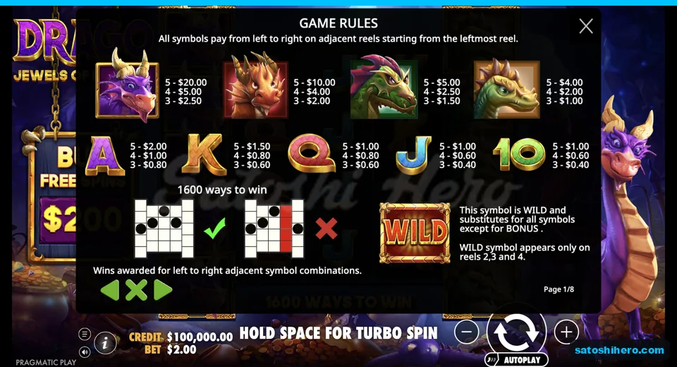 Paytable lists dragon values and wild positions