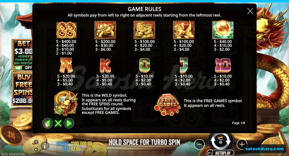 Paytable shows symbols wild and scatter rules