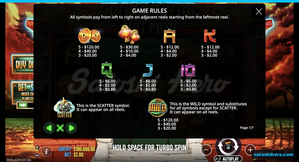 Paytable lists symbols and payout values